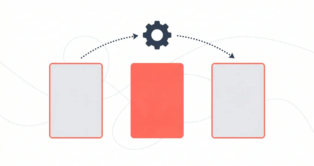 A diagram showing a flow process with boxes connected by arrows and a gear symbol.