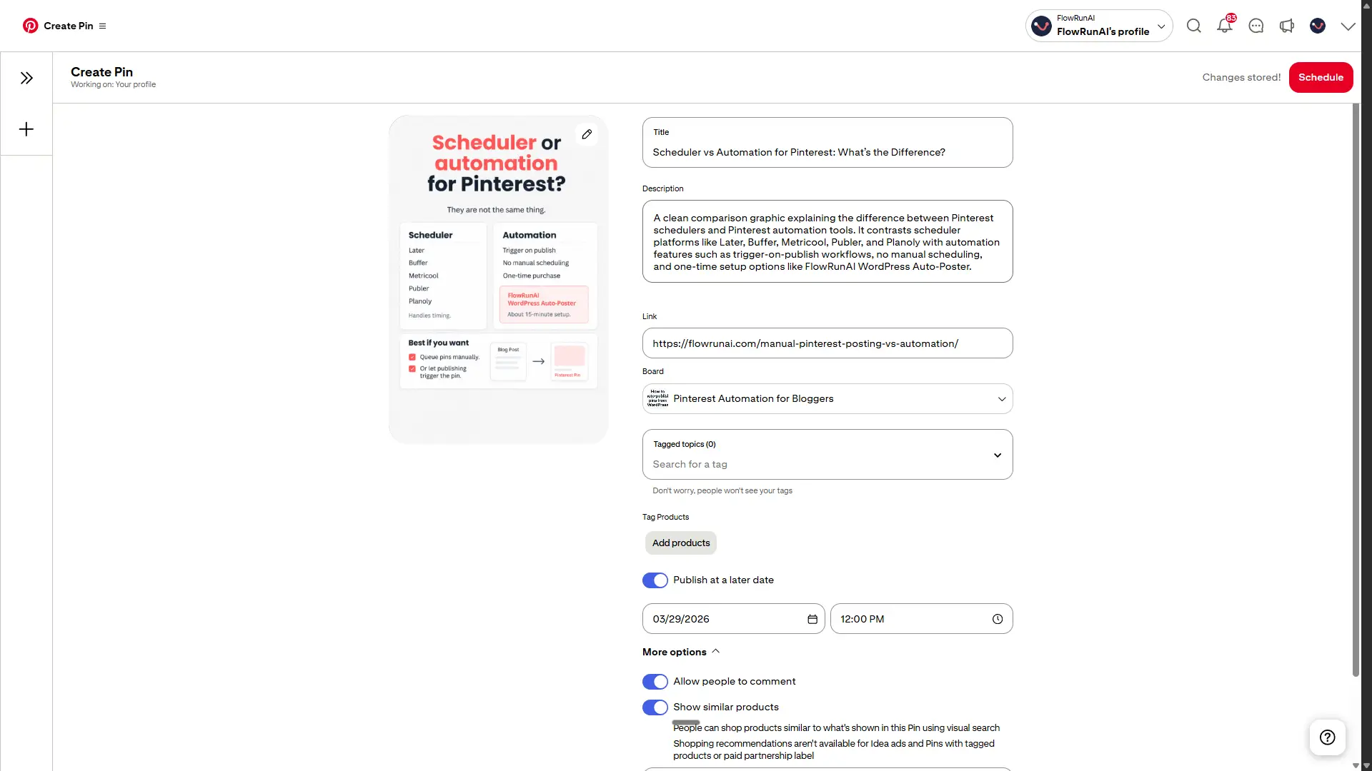 Pinterest Create Pin screen with Publish at a later date toggle active