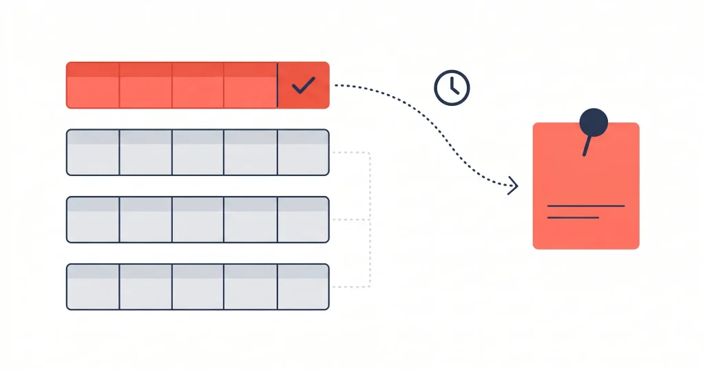 Illustration showing a flow chart for scheduling pins using Pinterest's queue feature, with a clock icon and pinboard note.