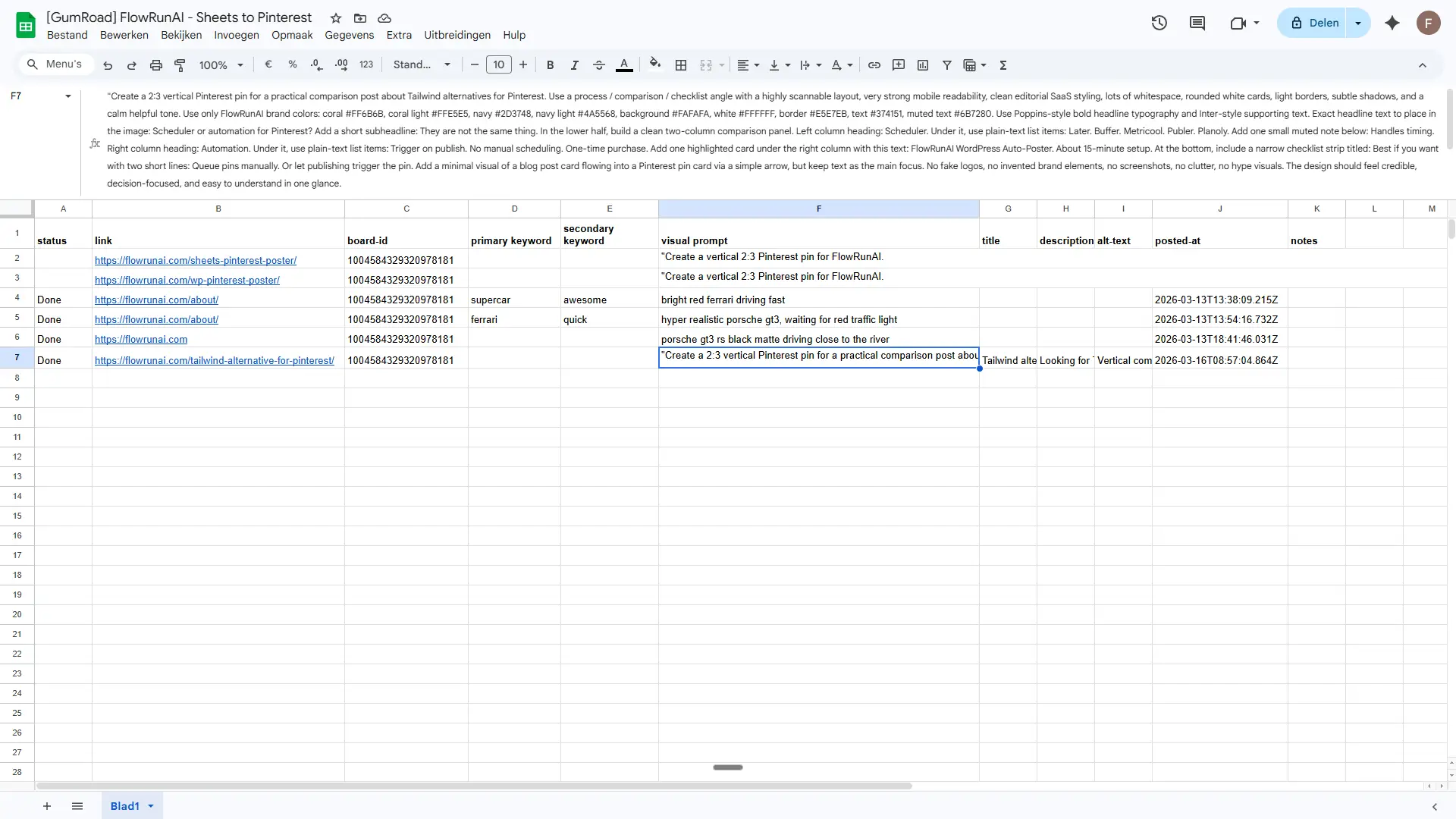 Google Sheets pin queue showing all automation columns including status, link, board-id, and visual prompt