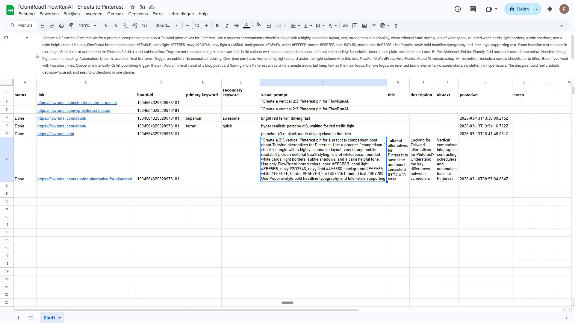 Google Sheets pin queue with a visual prompt cell expanded showing a full row ready for automation