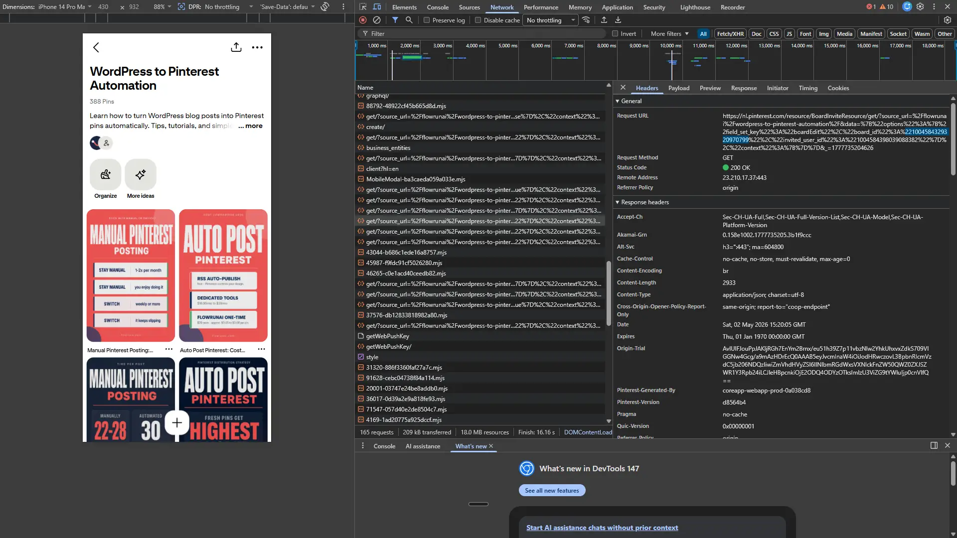 Chrome DevTools Network tab showing a Pinterest board page request with board_id visible in the request URL