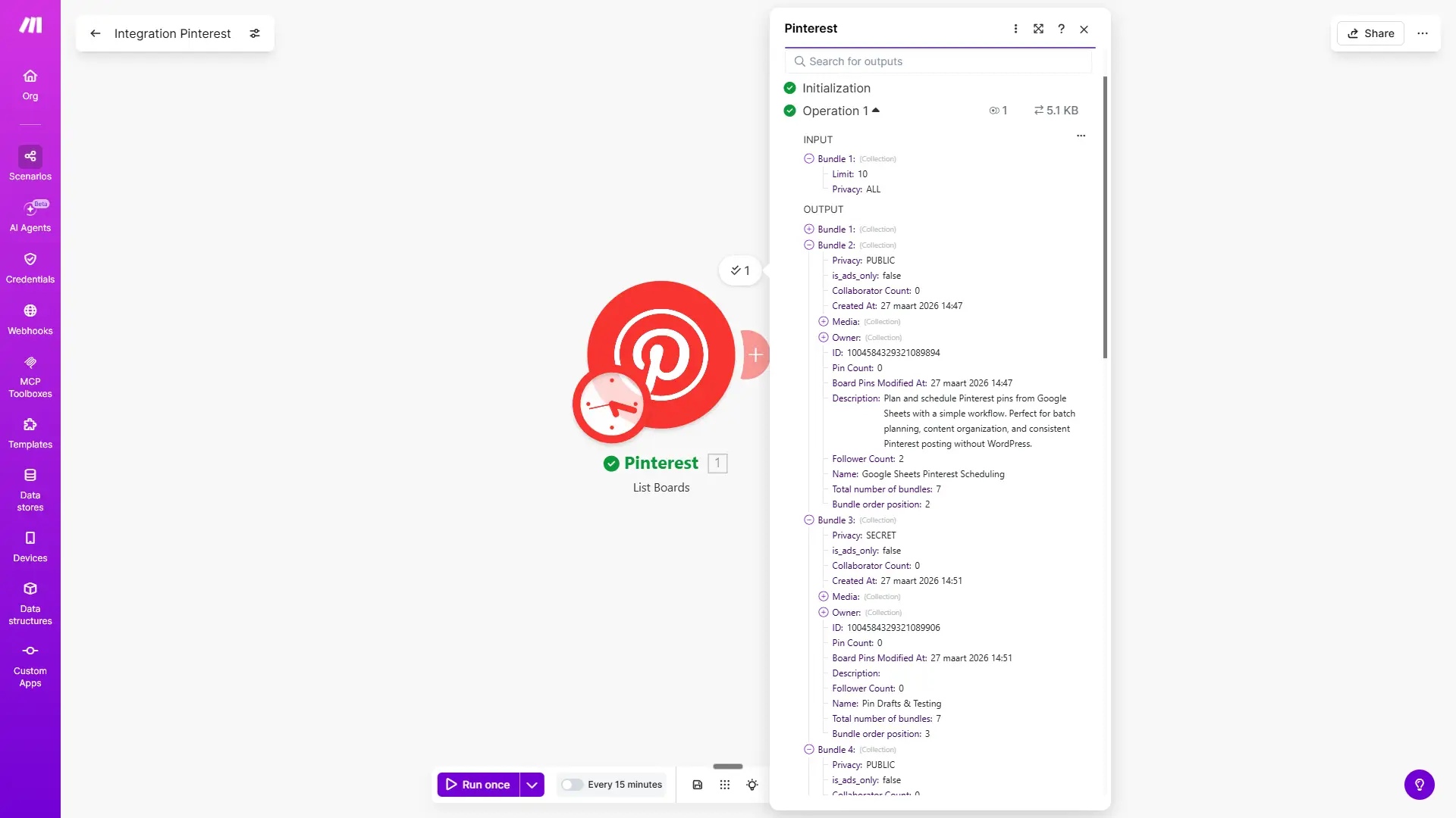 Make.com List Boards module output showing multiple Pinterest boards with their Board IDs in the Owner ID field